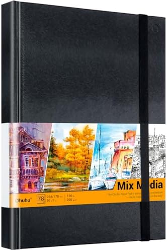 Ohuhu 10"x7" Mix Media Pad Art Sketchbook 78 Sheets for Painting Drawing | Large Sketch Book - 120 LB/200 GSM Heavyweight Paper - Hardcover Mixed Media Sketch Pad for Watercolor Acrylic Christmas Gift