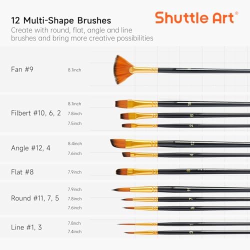 Shuttle Art 12 PCS Paint Brush Set with Case, Assorted Shapes & Sizes for Acrylic, Watercolor, Oil, and Gouache, Perfect Artist Brushes for Kids, Beginners, and Professionals, Ideal for Home or Travel