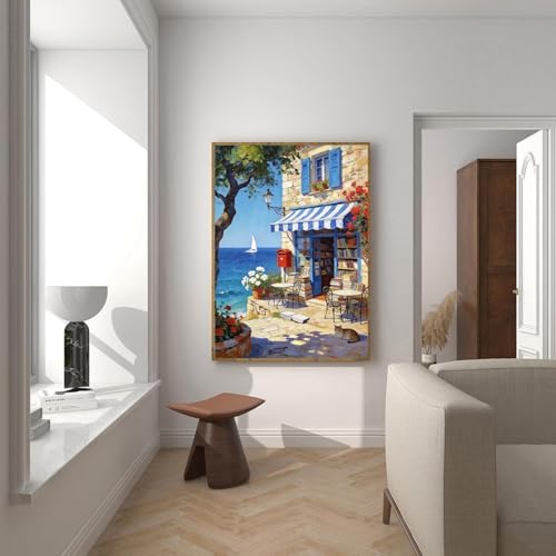 Bookstore by the Sea Diamond Art Kits for Adults, Diamond Painting Kit Adults for Beginners, Round 5D DIY Dimond art,Full Drill Painting Kit Art and Crafts for Adults Home Wall Decor【11.8x15.7inch】