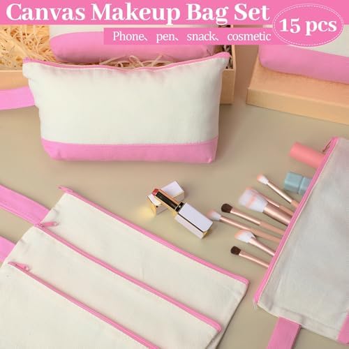 Silkfly 15 Pcs Cotton Canvas Makeup Bags Cosmetic Zipper Bags 10.2 x 5.5 x 2'' Blank DIY Pouch Bulk Pencil Case with Bottom Travel Toiletry Pouch for Women Craft Decor Gift (Beige and Pink)