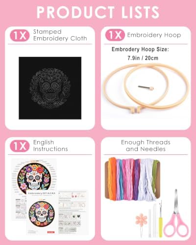 TINDTOP Embroidery Kit for Adult Beginners, Embroidery DIY Starter Kit, with Stamped Patterns, Hoop, Tools, Colorful Threads with Needles, Instructions (Skeleton B)