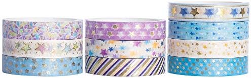 YUBBAEX 10 Rolls Sparkling Washi Tape Set 8mm Skinny Gold Foil Decorative Masking Washi Tapes for Bullet Journal,Scrapbook, Planner, DIY Crafts (Glittering Stars)