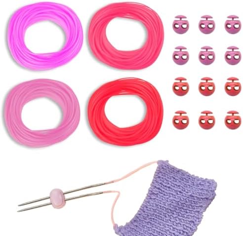 GeryVtee Cord Lock Kit Knitting Stitches Holder Barber Cord Stitch Markers Knit Stiches Keeper 12 Pcs Silicone Stitch Holders & 4 Rolls Round Barber Cords for Knitting Projects (Pink Style)