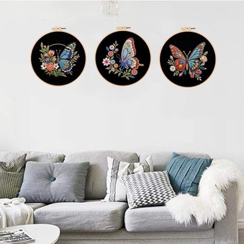 Konrisa Flower Butterfly Embroidery Kits for Adults, Stamped Embroidery Starter Kit with Hoop,DIY Sewing Needlepoint Cross Stitch Kit, Set of 3