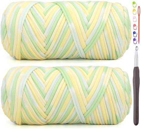 2 Pack Tshirt Yarn for Crocheting,Rainbow T Shirt Chunky Elastic Fabric Thick T-Shirt Crochet Yarn for Beginners Crocheting Hand Knitting Bag/Basket/Coasters/DIY Crafts/Home Decor 2*200G-Green Yellow