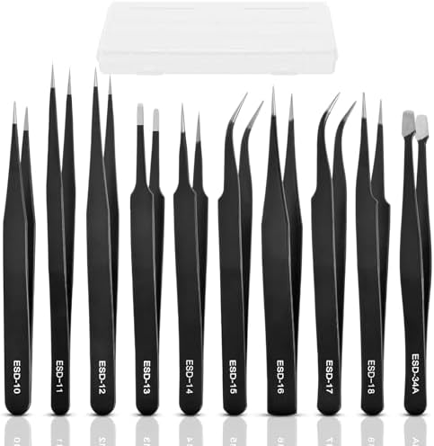 10Pcs Precision Tweezers Set, Upgraded Anti-Static Stainless Steel Tweezers with Storage Box, for Craft, Electronics, Jewelry-Making, Laboratory Work, Soldering, DIY
