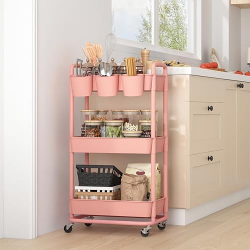 JIUYOTREE 3-Tier Plastic Rolling Storage Cart Utility Cart Pink