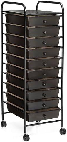 Simply Tidy 10 Drawer Matte Black Rolling Cart - Mobile Organizer with Removable Drawers, Swivel & Locking Casters, Durable Tubular Frame - 1 Set