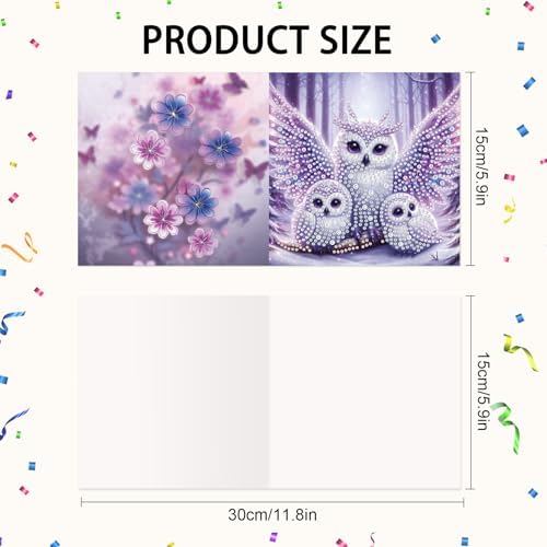 6 Pack Diamond Art Greeting Card Kits with Envelopes, Special Shaped Diamond Painting Cards, DIY Rhinestone Diamond Art Cards for Birthday Christmas Mother Day (Owl Mother and Owlet, 30x15cm)