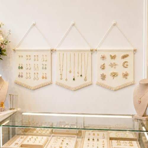 Klmnop 5 Pcs Blank Canvas Banners with Tassels, Enamel Pin Display Banner Wall Hanging, Sublimation blank Banner for Pin Brooch Earrings Jewelry Craft Decor, Beige