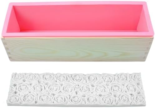 Loaf Soap Making Kit, 44oz Silicone Soap Making Liner Wood Box with Beehive & Hexagon & Rose Mat Creative Honeycomb Mat Mold for DIY Soap Making (Purple & Pink) (Pink Mold-Rose)