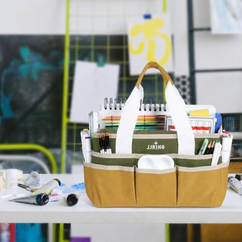JJRING Craft Organizer Tote Bag Art Storage Caddy Dark Green and Brown | With Multiple Pockets For Sewing, Scrapbooking, School, Medical, And Office Supplies