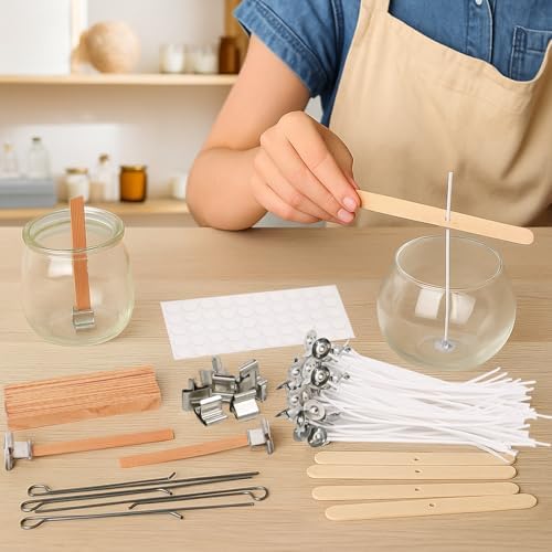 Candle Making Supplies Kit - Natural Cotton & Wooden Wicks with Stickers, Sustainers, Holders for Soy Wax, Beeswax, Coconut Wax DIY Candle Making Supplies (Pack of 6)