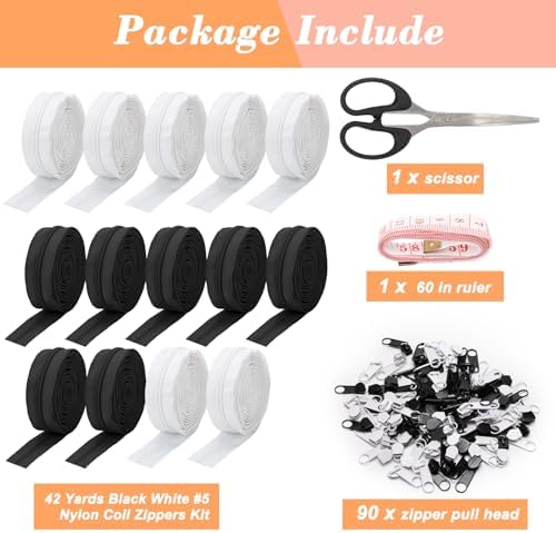 42 Yards Black White #5 Nylon Coil Zippers with 80P Pull Head, 10P Double-Side Zipper, Scissor, Ruler, Assorted Length Sewing Zipper for DIY Sewing Craft Zipper Tape for Clothes, Purse Making(Model 4)
