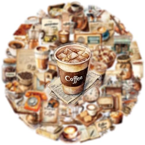 100 Pcs PET Transparent Vintage Coffee Stickers, Waterproof Vinyl Retro Coffee-Themed Decals for Laptop Skateboard Luggage, Watercolor Coffee & Daily Life Stickers Gift for Teens Adults(Retro coffees)