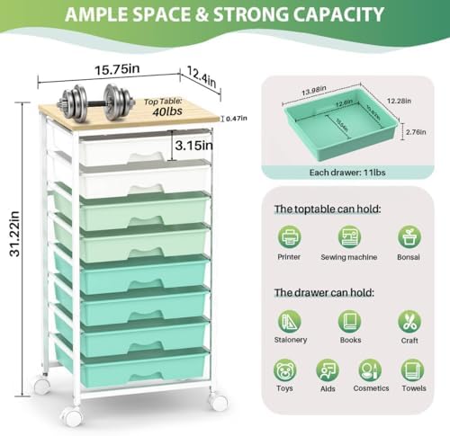 Goovilla Rolling Cart with 8 Drawers for Art, Dorm, Office, Craft, Green | Utility Cart Organizer With 8 Removable Drawers and Wooden Tabletop, Lockable Rolling Storage Organizer for Classroom, Home