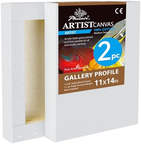 PHOENIX 11x14 Inch 2 Pack Gallery Canvas - 1.5 in Thick Canvases for Painting - Deep Edge 100% Cotton 11 Oz. Gesso Primed White Blank Professional Canvas Oil & Acrylic Paints
