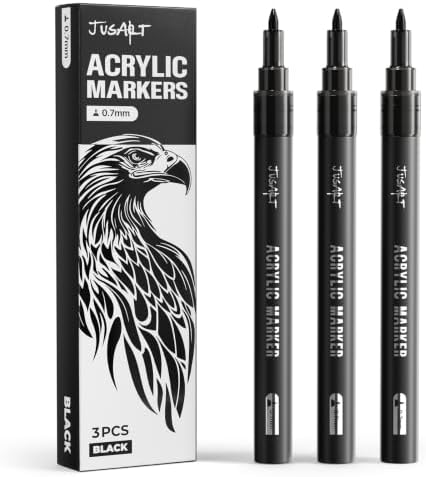 JusArt 0.7mm Fine Point Black Acrylic Paint Marker, 3 Pack