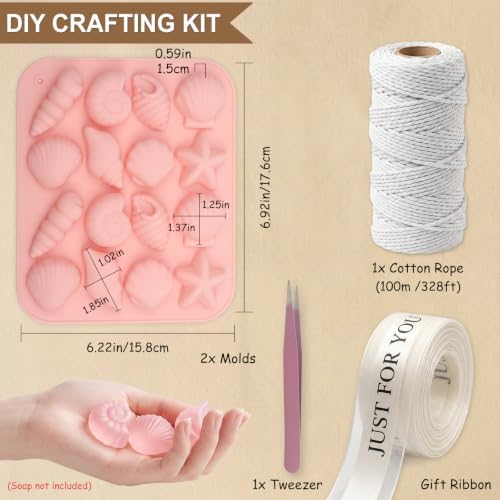 Silicone Shell Soap Mold Kit for DIY Soap Making, with Cotton Rope, Bow Ribbons, Tweezers, Reusable Soap Making Supplies for Crafts, Gifts & Beginners
