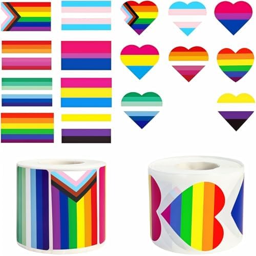 Pride Stickers 1000 PCS, Rainbow Heart & Flag LGBTQ Stickers for Transgender, Lesbian, Bi, Gay, Progress Pride, Pride Month,Parade Accessories, 16 Designs (500 Pieces Per Roll)