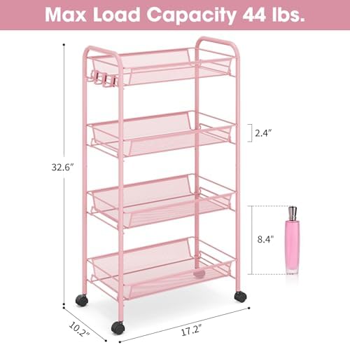 TOOLF 4 Tier Rolling Cart, Metal Utility Storage Cart with Wheels, Pink | 3 Hooks, Screwless Assembly, Trolley Organizer for Bathroom, Kitchen, Office, Nursery, Dorm, Laundry Room
