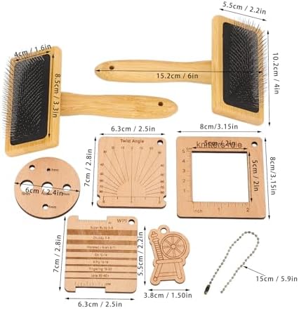 8PCS Wooden Knitting Gauge Wool Brush Set, Felting Blending Tools, Craft Project Kit, Wool Carders with Drop Spindle, Hand Carders Slicker Brush for Weaving Blending Roving