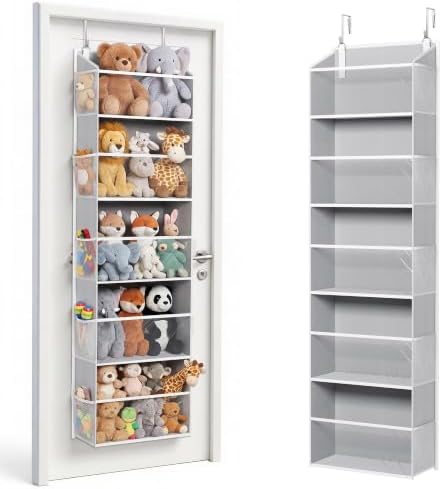 ULG Stuffed Animal Organizer Over the Door, Large Hanging Plush Toy Storage with Mesh Window, Cotton Kids Toy Organizer for Bedroom, Nursery, Playroom & Baby Items Clear Grey