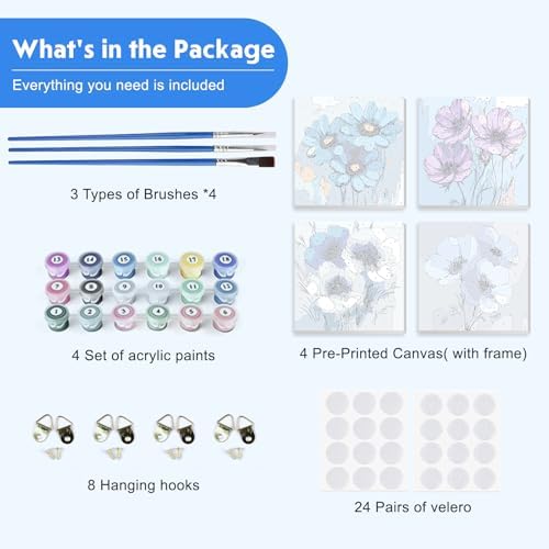 NEWENMO 4 Pack Paint by Numbers for Adults with Wooden Framed, Blue Flowers, Paint by Number Kits on Canvas for Beginner, DIY Acrylic Oil Painting Kits for Home Decor 8x8 inch, Beautiful Flowers