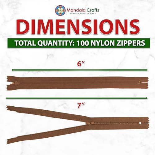 Mandala Crafts 100 PCs Brown Closed-End 6 Inches Nylon Zippers for Sewing