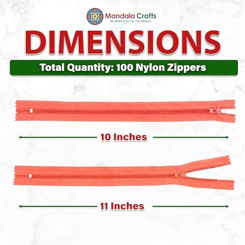 Mandala Crafts 100 PCs Coral Closed-End 10 Inches Nylon Zippers for Sewing