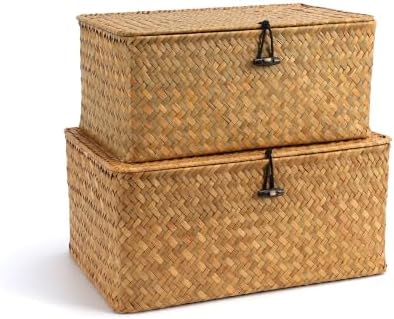 Nonam Wicker Storage Basket with Lid,Seagrass Shelf Basket Set of 2,Natural