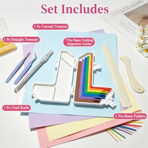 FOWSRHRG Paper Crafting Alignment Guide Set, 7 Pcs Paper Crafting Alignment Guides with Case Tweezer Craft Knife, Color-Coded Tools, Precision Layering Matting Spacers for Scrapbooking DIY Crafts