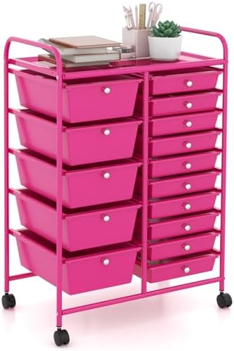 GOFLAME 15-Drawer Rolling Storage Cart, Craft Storage Cart with Removable Drawers & Lockable Wheels, Art Cart Supply Storage Organizer for Home Office Classroom, Hot Pink