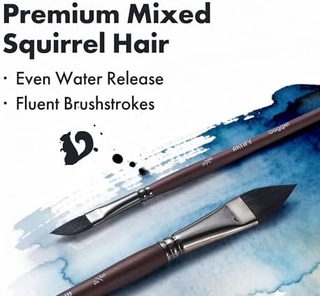 Artify Watercolor Brushes Professional, 14pcs Mixed Squirrel Hair Watercolor Paint Brush Set - Balanced Spring & Watercolor Absorption & Paint Release, Round/Flat/Filbert/Angled/Liner Tips