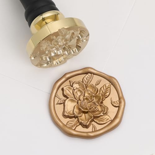 UNIQOOO 3D Embossed Relief Camellia Flowers Wax Seal Stamp with Wooden Handle, Floral Botanical Theme Vintage Brass Stamp for Wedding Invitation, DIY, Gift Wrap, Envelopes, Christmas Card