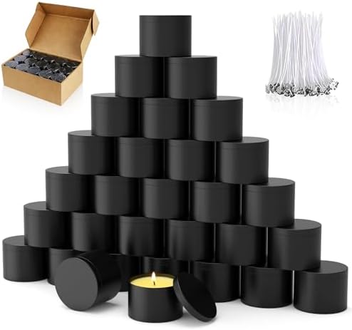 PCREGPAE 4OZ Black Candle Tins Cans with Lids and Wicks for Making Candles