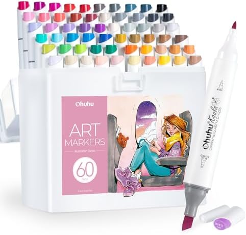 Ohuhu Alcohol Markers Fine& Slim Broad 60 Colors for Adult Beginners Artist