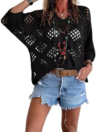 Bohemian Crochet Tops for Women 3/4 Sleeve V-Neck Open Knit Pullover Beach Cover Ups Hollow Out Boho Vacation Blouse