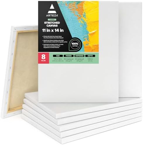 ARTEZA Stretched Canvas 11x14 Inches Pack of 8 – Blank White Canvases for Acrylic, Oil, Gouache Painting – Cotton, Pre-Primed with Gesso