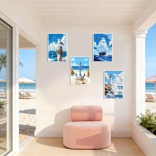 bleihum 4 Pack Beach Paint by Numbers Kit for Adults with Frame Easel | Seaside Paint by Number Kits on Canvas, Sea Painting by Numbers for Adults Beginners Home Decor Gift 8x12 Inch