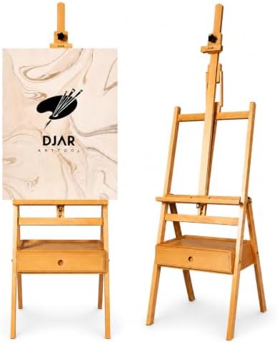 DJAR Solid Beech Wood H-Frame Art Easel with Storage Drawer, Natural | Artist Painting Stand for Adults, Holds Canvas up to 36", Main Mast Adjustable to 75", Great for Home Studios & Classroom