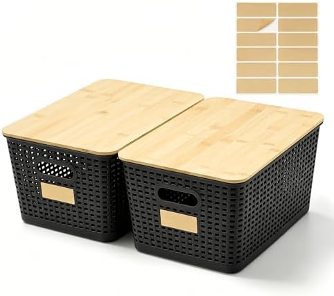 Bagnizer 2 Pack Tall Plastic Storage Bins with Bamboo Lids, 10.8qt Stackable Storages Baskets for Organizing Desktop Closet Playroom Classroom Office, 12"L x 8.3"W x 6.1"H, Black