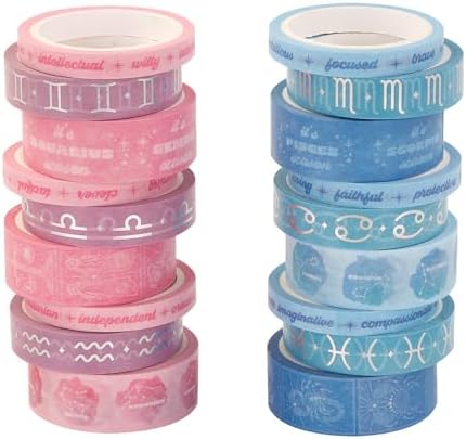 Washi Tape Set of 18 Rolls, Assorted Sizes, Decorative Tape for Journaling, Scrapbook, DIY Décor, Craft Supplies, Gift Wrapping, Metallic Foil, Celestial Pink and Blue