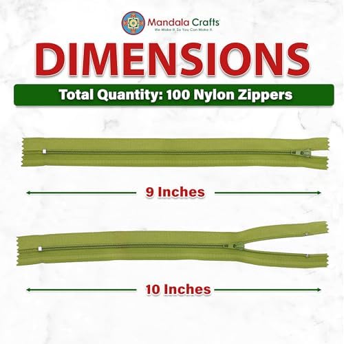Mandala Crafts 100 PCs Dill Green Closed-End 9 in Nylon Zippers for Sewing