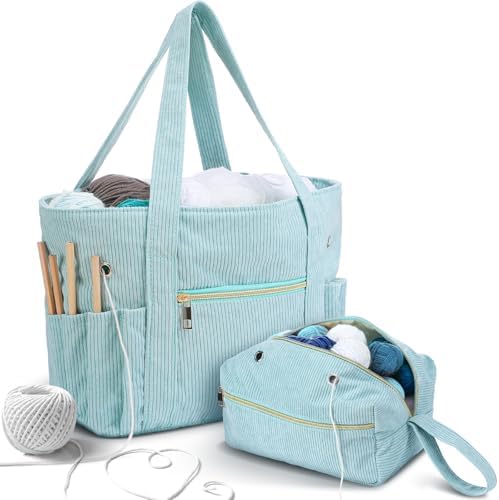 Bulyoou 2 Pcs Crochet Tote and Yarn Bag Set Corduroy Yarn Holder, Blue