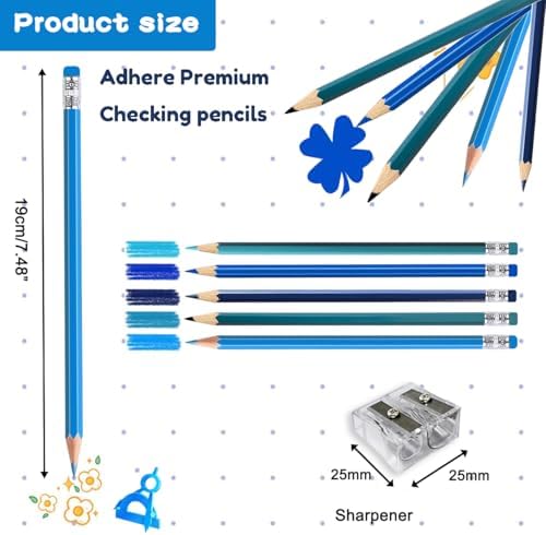 Adhere 25pcs Checking Pencils Erasable colored Pencils Pre-Sharpened #2 HB,for Checking Tests Grading,Map Coloring, editing Office Favors,including a Free sharpener. (Mixed Blue 5colors)