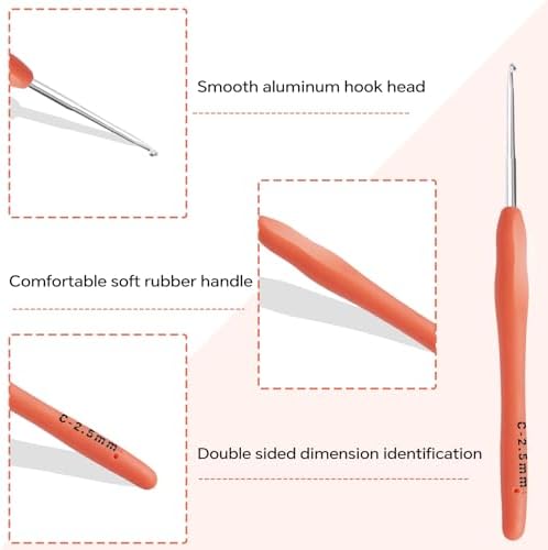 2.5mm Crochet Hook, Ergonomic Crochet Hooks with Soft Rubber Handle and Smooth Glide Head - Lightweight Aluminum Needles for Beginners, Arthritis, Yarn Projects, Long Crafting Sessions (2.5 mm)