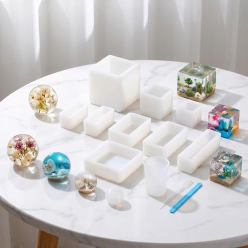 12 Pcs Resin Molds Set, Multiple Sizes Cube Sphere Silicone Mold with Tools Cube Casting poxy Molds for Insect, Plant, Flowers, Soap, DIY Art Craft