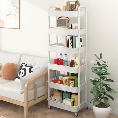 Sywhitta 6-Tier Plastic Rolling Utility Cart with Wheels for Storage,White