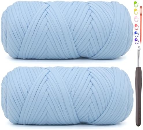 2 Pack Tshirt Yarn for Crocheting,Sky Blue T Shirt Chunky Elastic Fabric Thick T-Shirt Crochet Yarn for Beginners Crocheting Hand Knitting Bag/Basket/Coasters/DIY Crafts/Home Decor 2 * 200G(Sky Blue